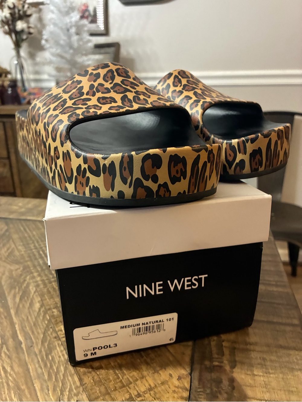 Nine West Leopard-Print Platform Slides in Black and Tan